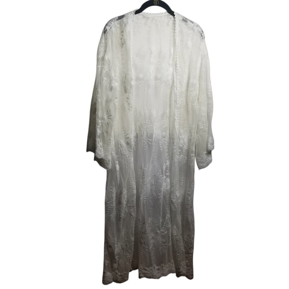 Women's White Mesh Embroidered Floral Sheer  Kimono Sz S